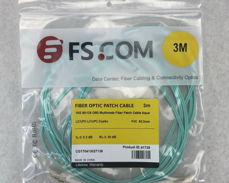 FS.Com Fibre Optic Patch Cable 10G 50/125 OM3 Multimode Color Aqua 3M - Lot Of 5
