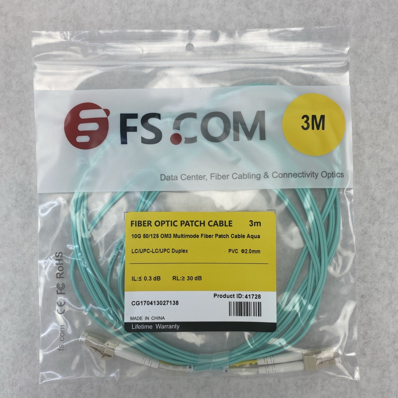 FS.Com Fibre Optic Patch Cable 10G 50/125 OM3 Multimode Color Aqua 3M - Lot Of 51