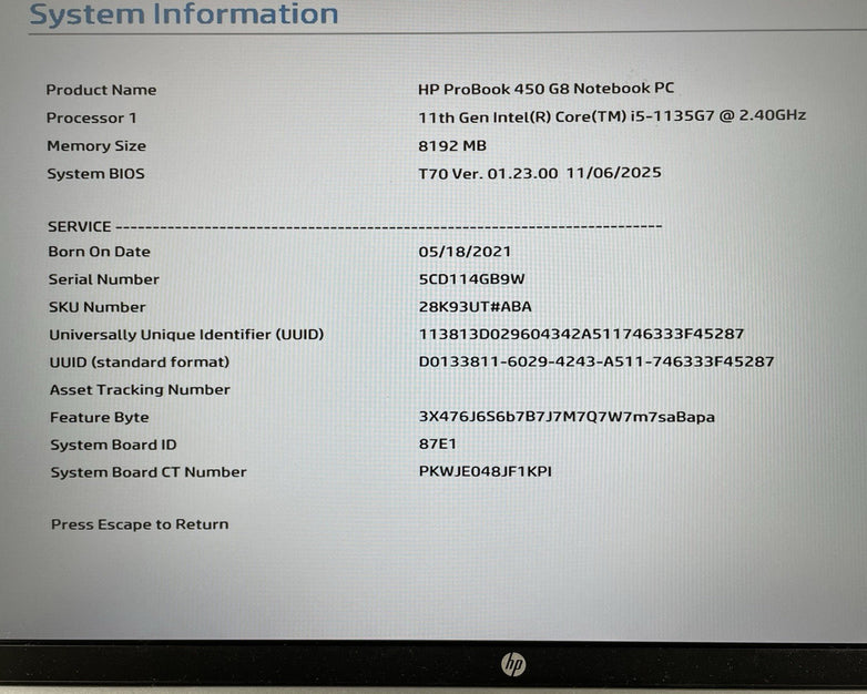 HP ProBook 450 G8 15.6" i5-1135G7 2.40 GHz 8 GB RAM No SSD/OS/AC - READ