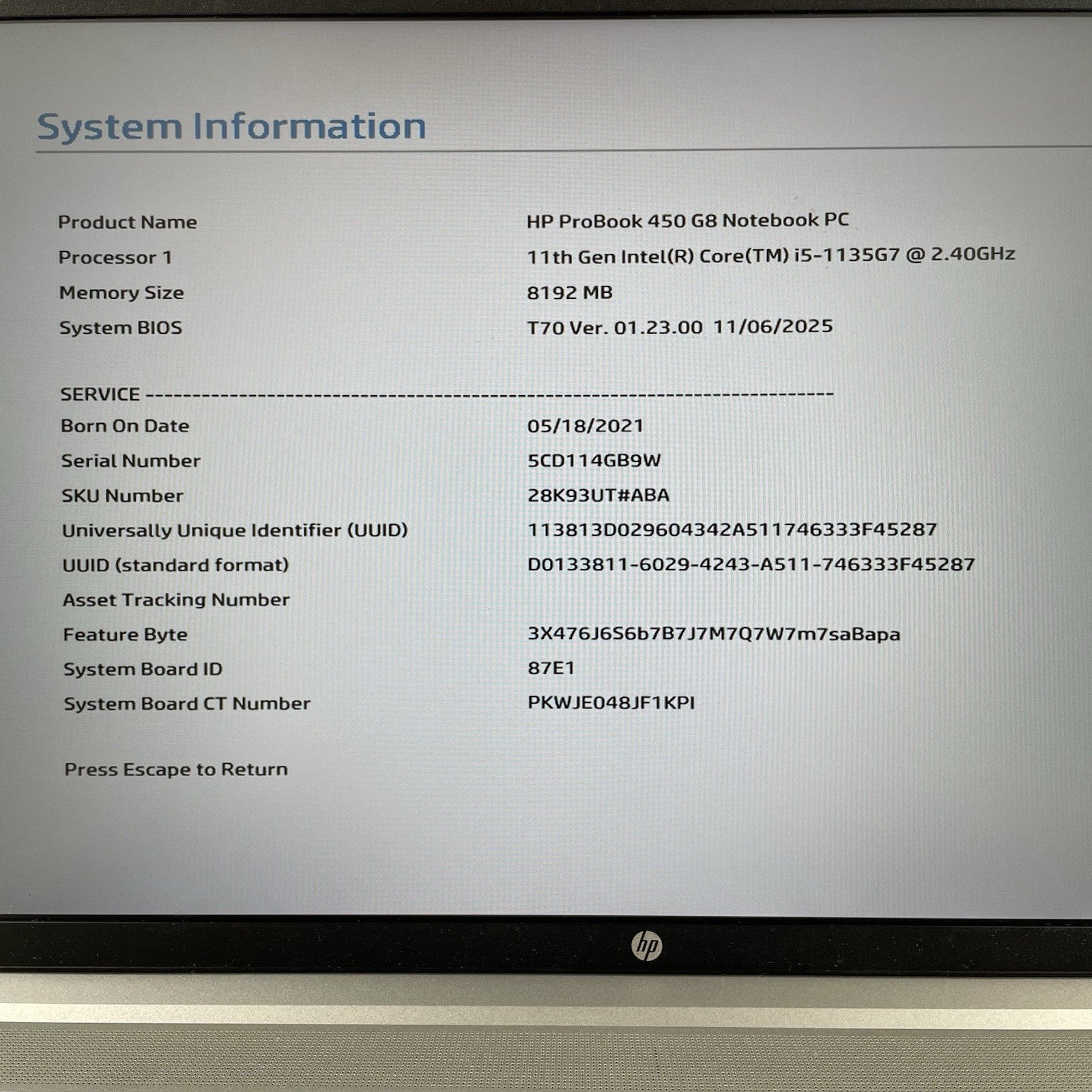 HP ProBook 450 G8 15.6" i5-1135G7 2.40 GHz 8 GB RAM No SSD/OS/AC - READ2
