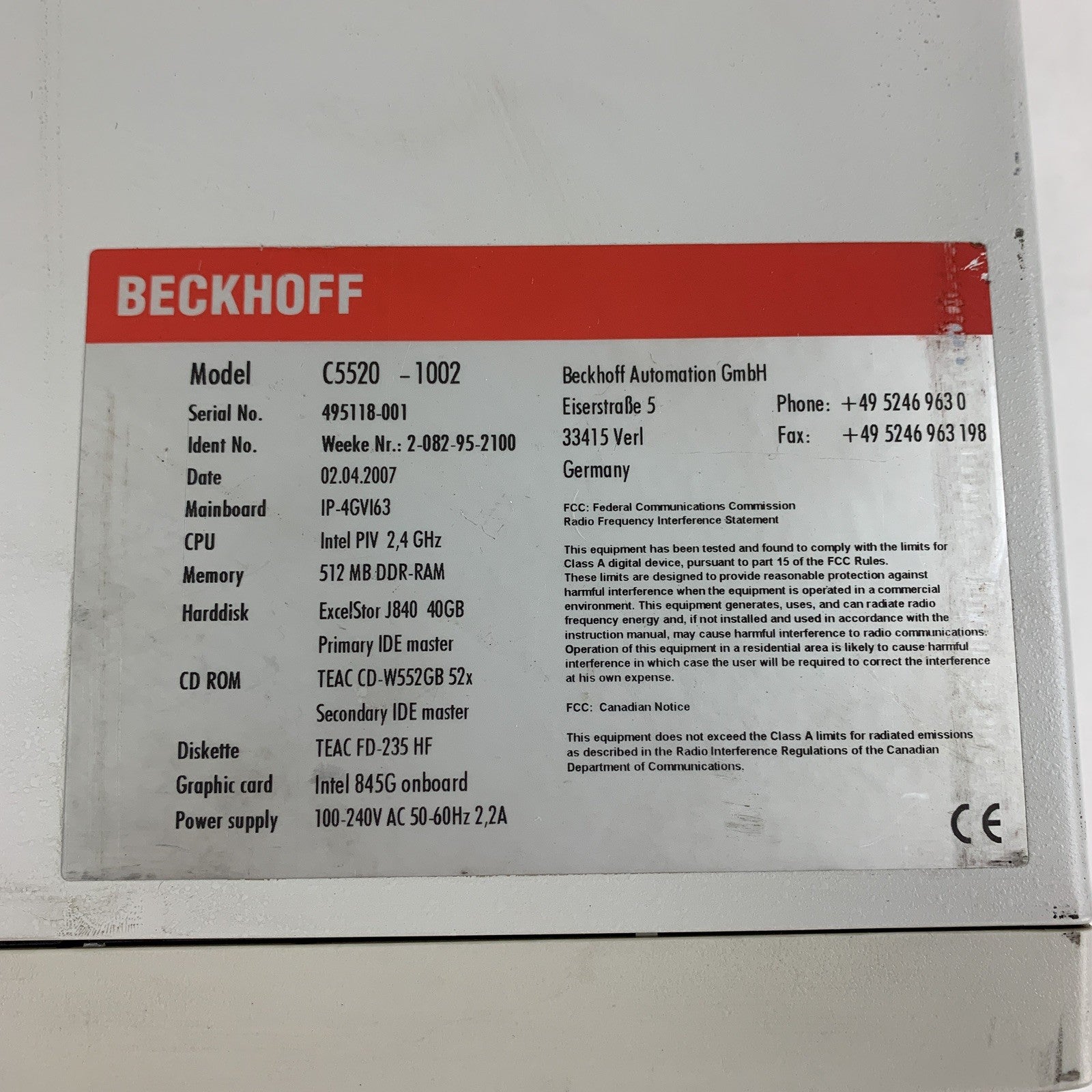 Beckhoff C5520-1002 Retro Desktop Barebones Chassis No Boards W/ Power Supply