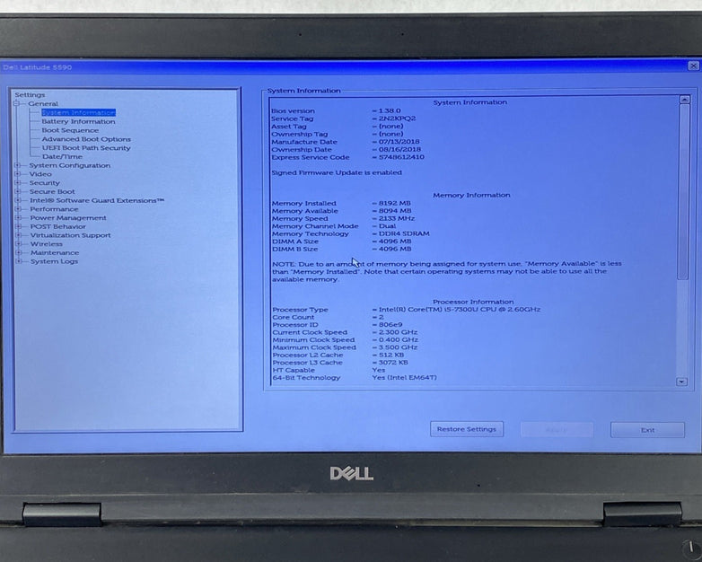 Dell Latitude 5590 Core i5-7300U 2.60 GHz 8 GB RAM 15.6" No Battery No HDD No OS