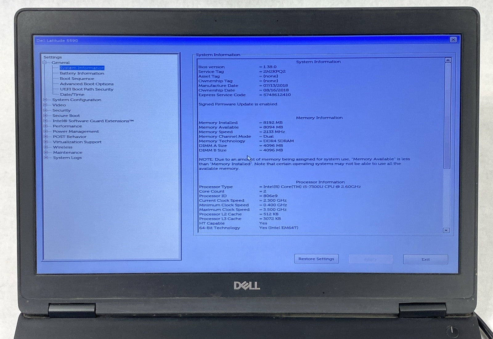 Dell Latitude 5590 Core i5-7300U 2.60 GHz 8 GB RAM 15.6" No Battery No HDD No OS