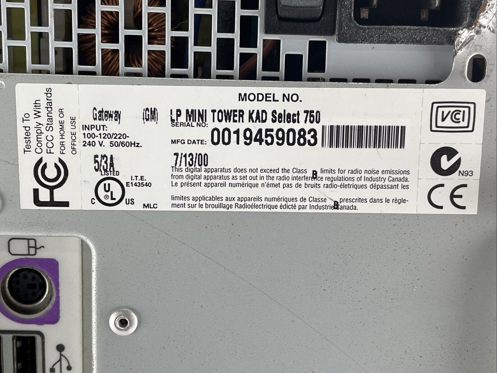 Gateway Select 750 MT AMD 750MHz 64MB RAM No HDD No OS