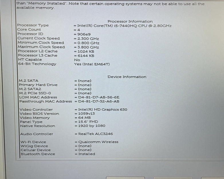 Dell Latitude 5580 15.6" i5-7440HQ 2.8GHz 8GB RAM No SSD/OS/AC - Bad Hinge Cover