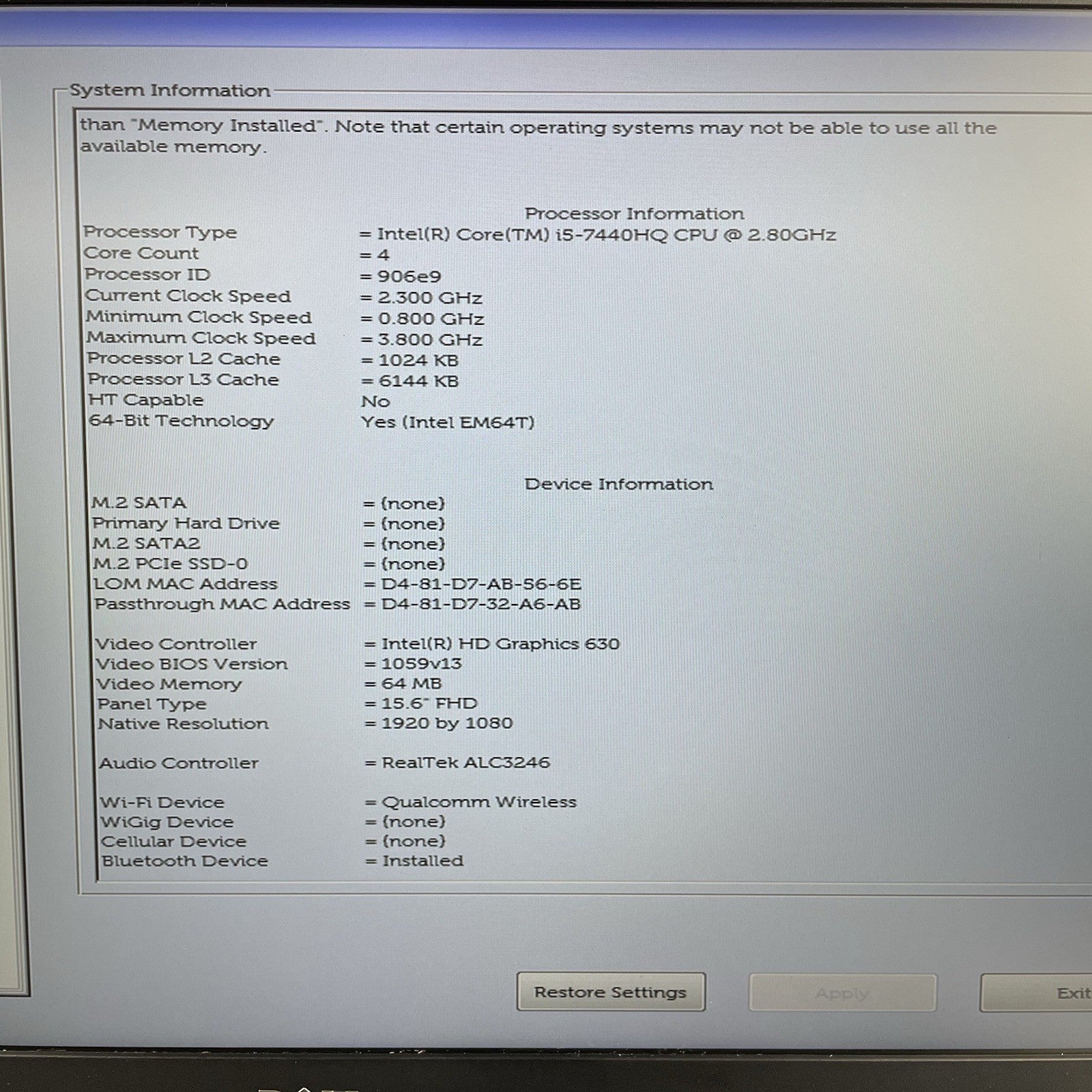 Dell Latitude 5580 15.6" i5-7440HQ 2.8GHz 8GB RAM No SSD/OS/AC - Bad Hinge Cover3