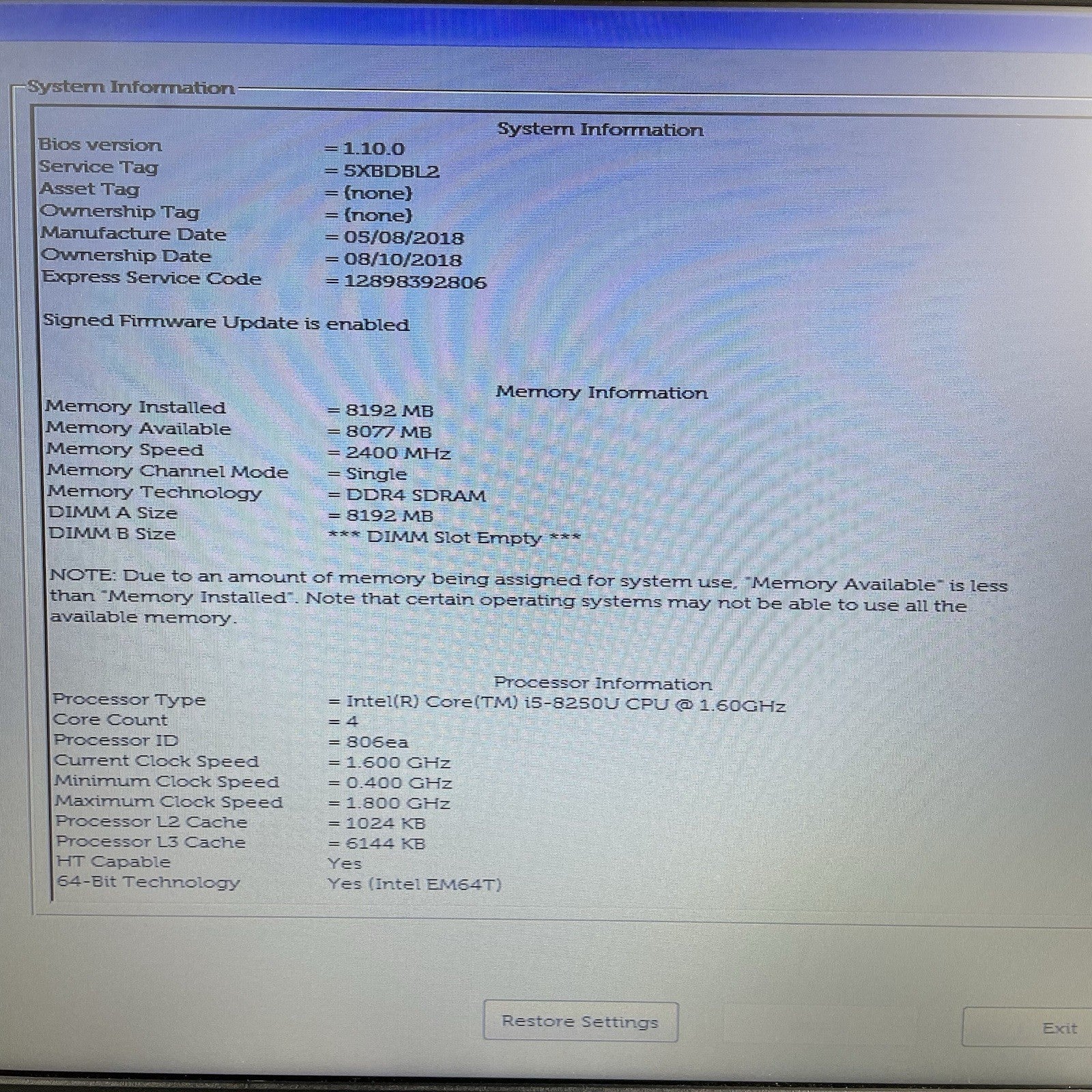 Dell Inspiron 3576 15.6" i5-8250U 1.60 GHz 8 GB RAM No SSD/OS/AC/Batt4