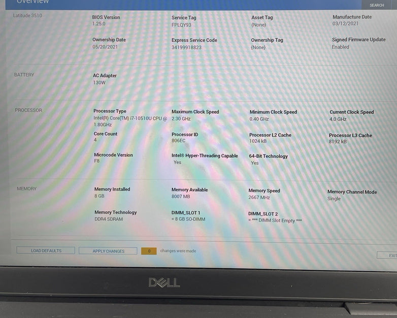 Dell Latitude 3510 15.6" i7-10510U 1.80 GHz 8 GB RAM No SSD/OS/AC/Batt