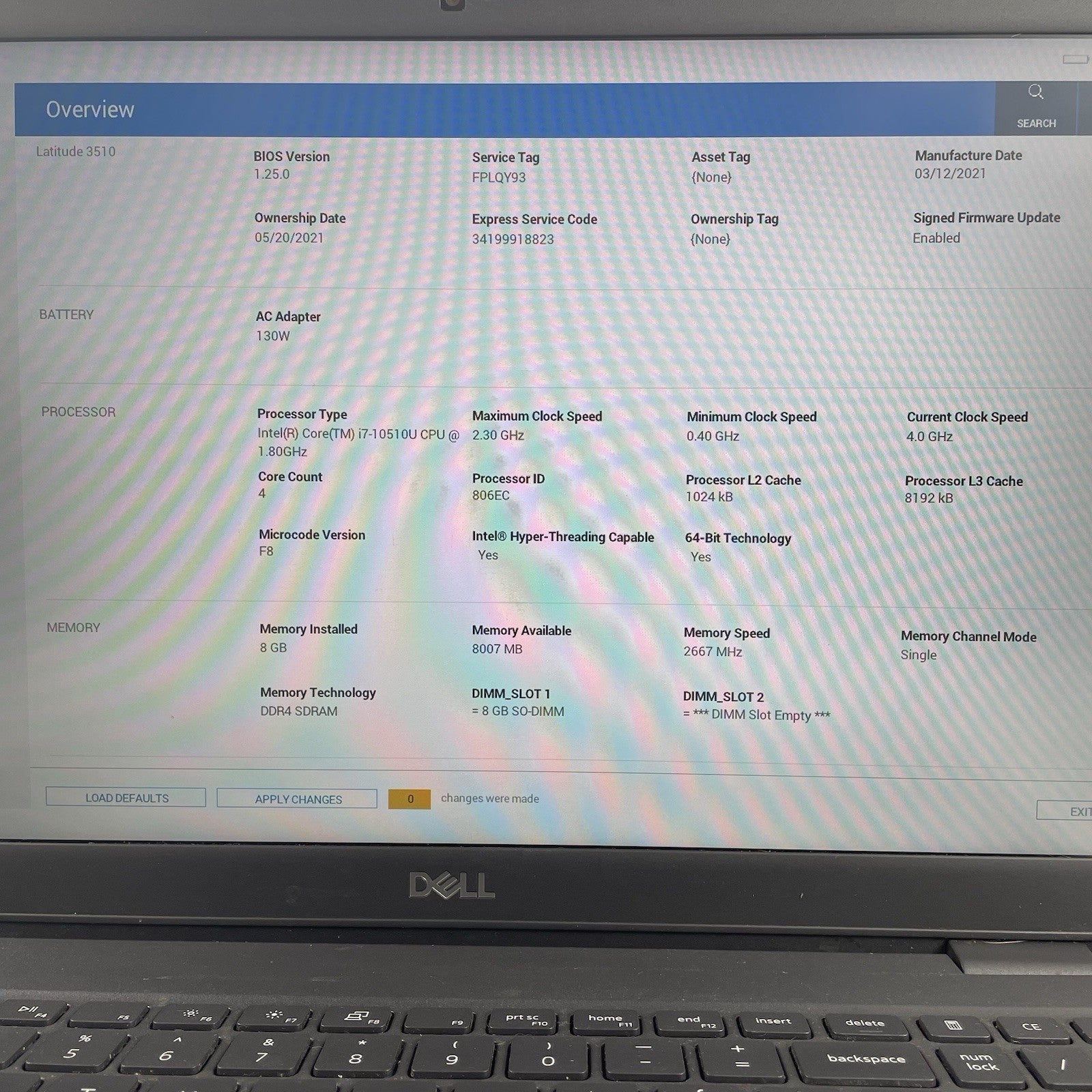 Dell Latitude 3510 15.6" i7-10510U 1.80 GHz 8 GB RAM No SSD/OS/AC/Batt2