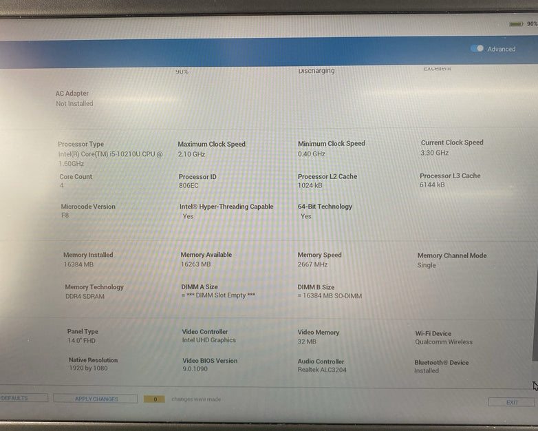 Dell Vostro 3490 14" i5-10210U 3.90GHz 16GB RAM No SSD/OS/AC - READ