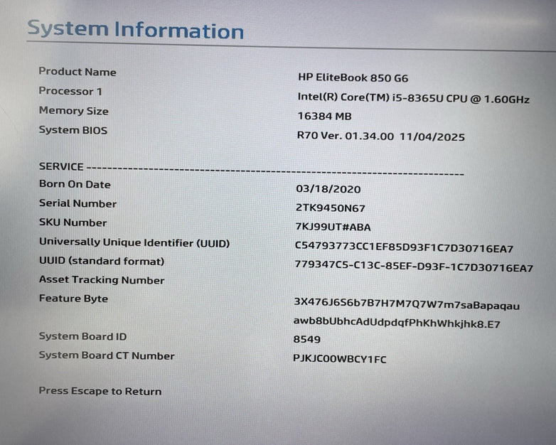HP EliteBook 850 G6 15.6" i5-8365U 1.60 GHz 16 GB RAM No SSD/OS/AC/Batt