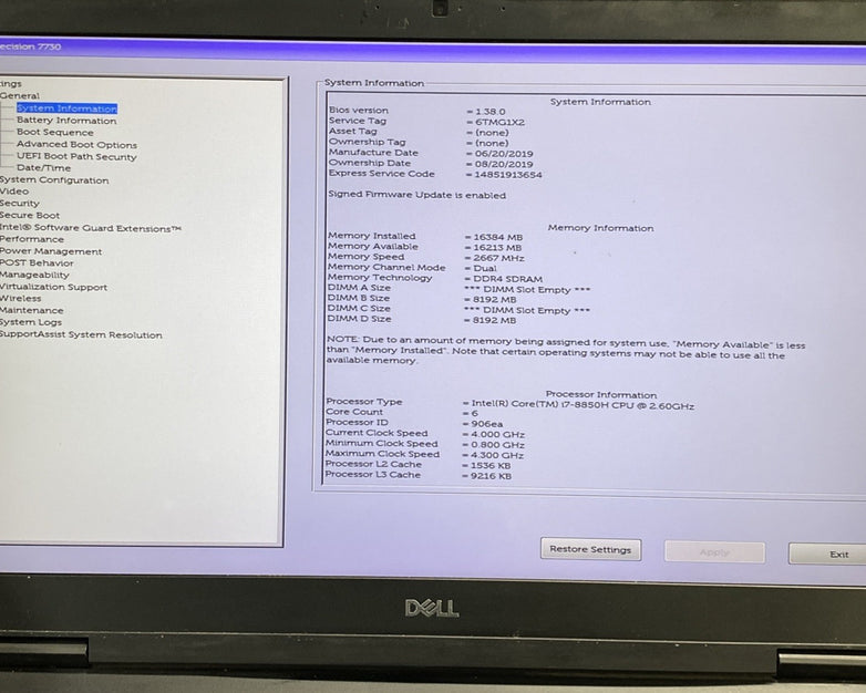 Dell Precision 7730 i7-8850H 2.60 GHz 16 GB RAM 17.3" No Battery No HDD No OS