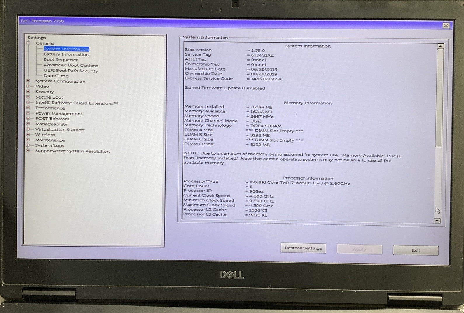 Dell Precision 7730 i7-8850H 2.60 GHz 16 GB RAM 17.3" No Battery No HDD No OS