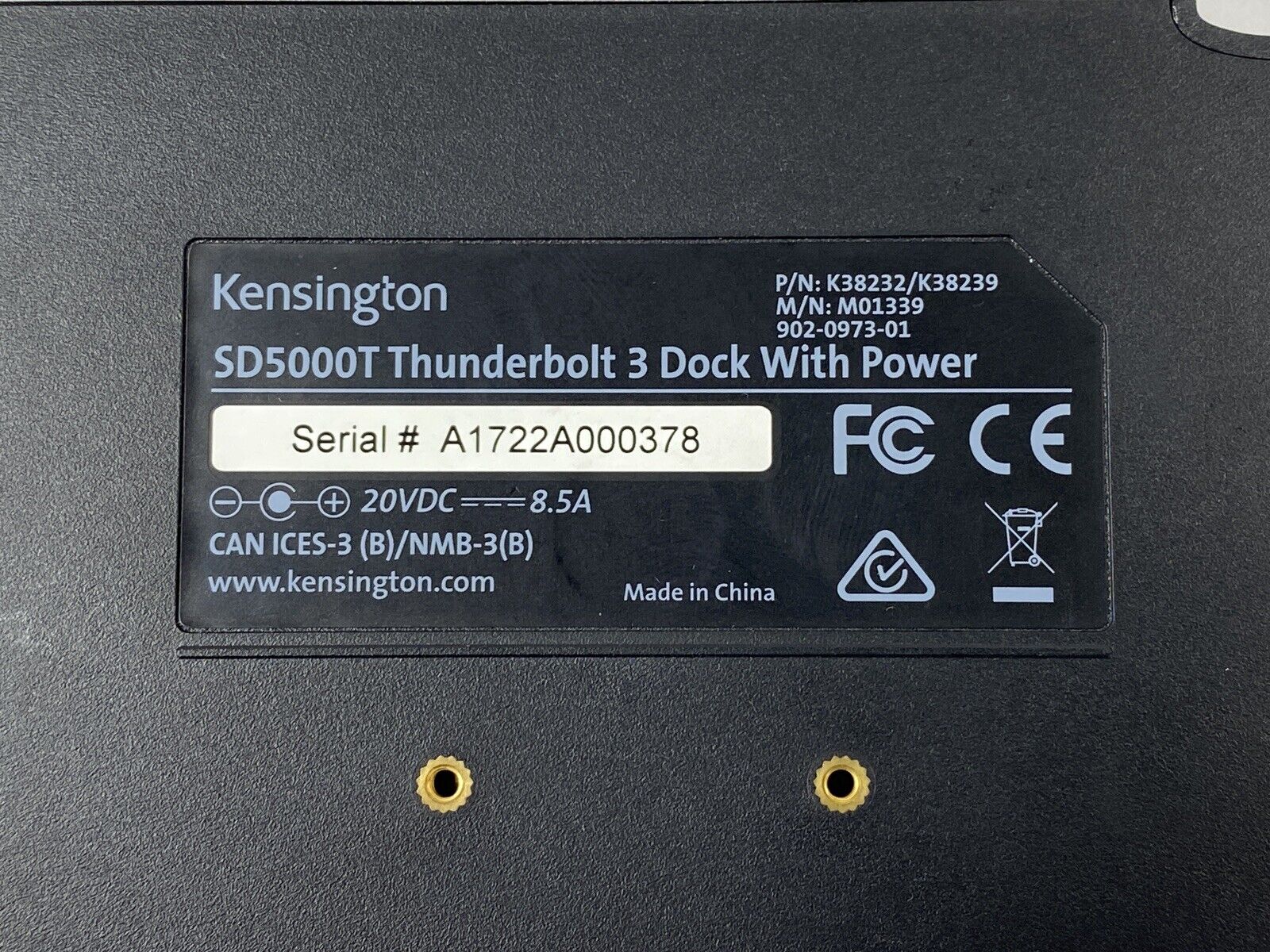 Kensington SD5000T Thunderbolt 3 Docking Station Power Tested No AC Adapter