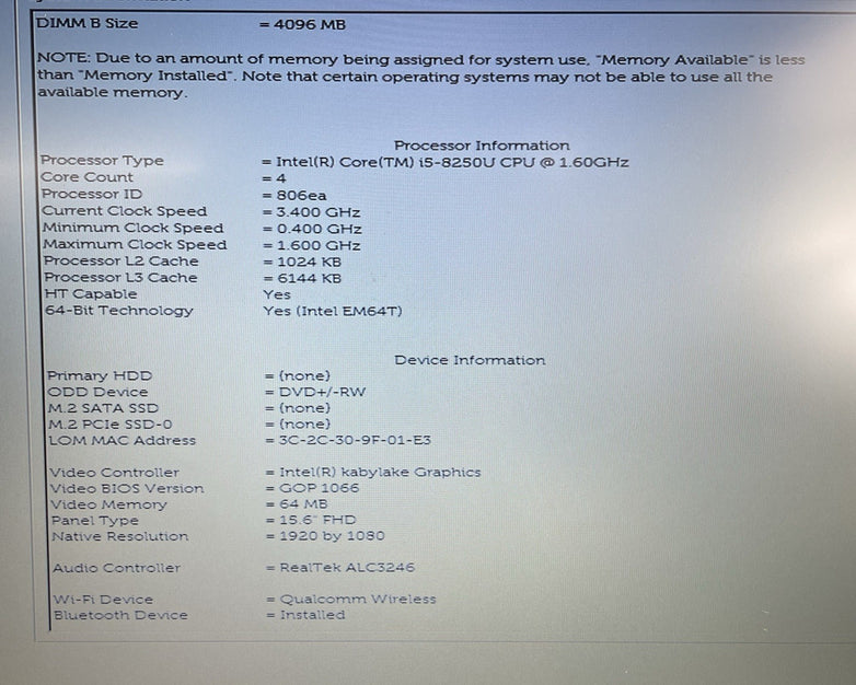 Dell Inspiron 5570 15.6" i5-8250U 1.60 GHz 4 GB RAM No SSD/OS/AC/Batt - READ