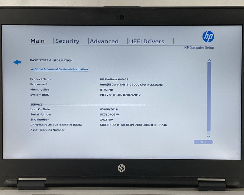 HP ProBook 640 G3 Core i5-7200U 2.50 GHz 8 GB RAM 14" No Battery No HDD No OS