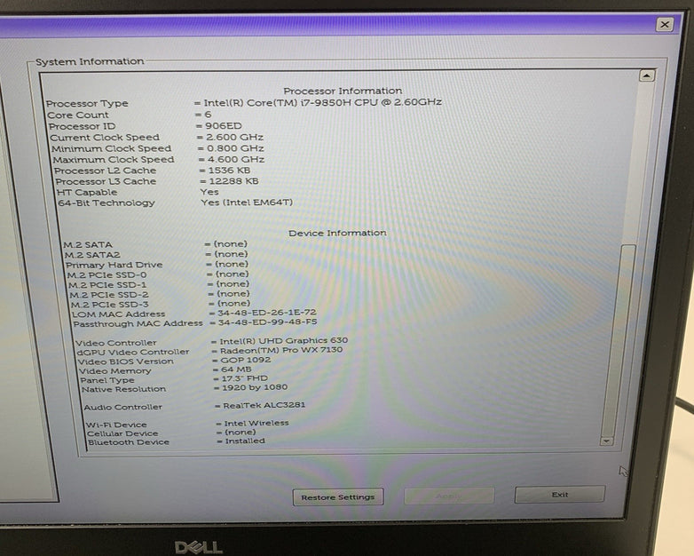 Dell Precision 7740 Intel i7-9850H 2.60 GHz 16 GB RAM 17.3" No HDD No OS No Batt