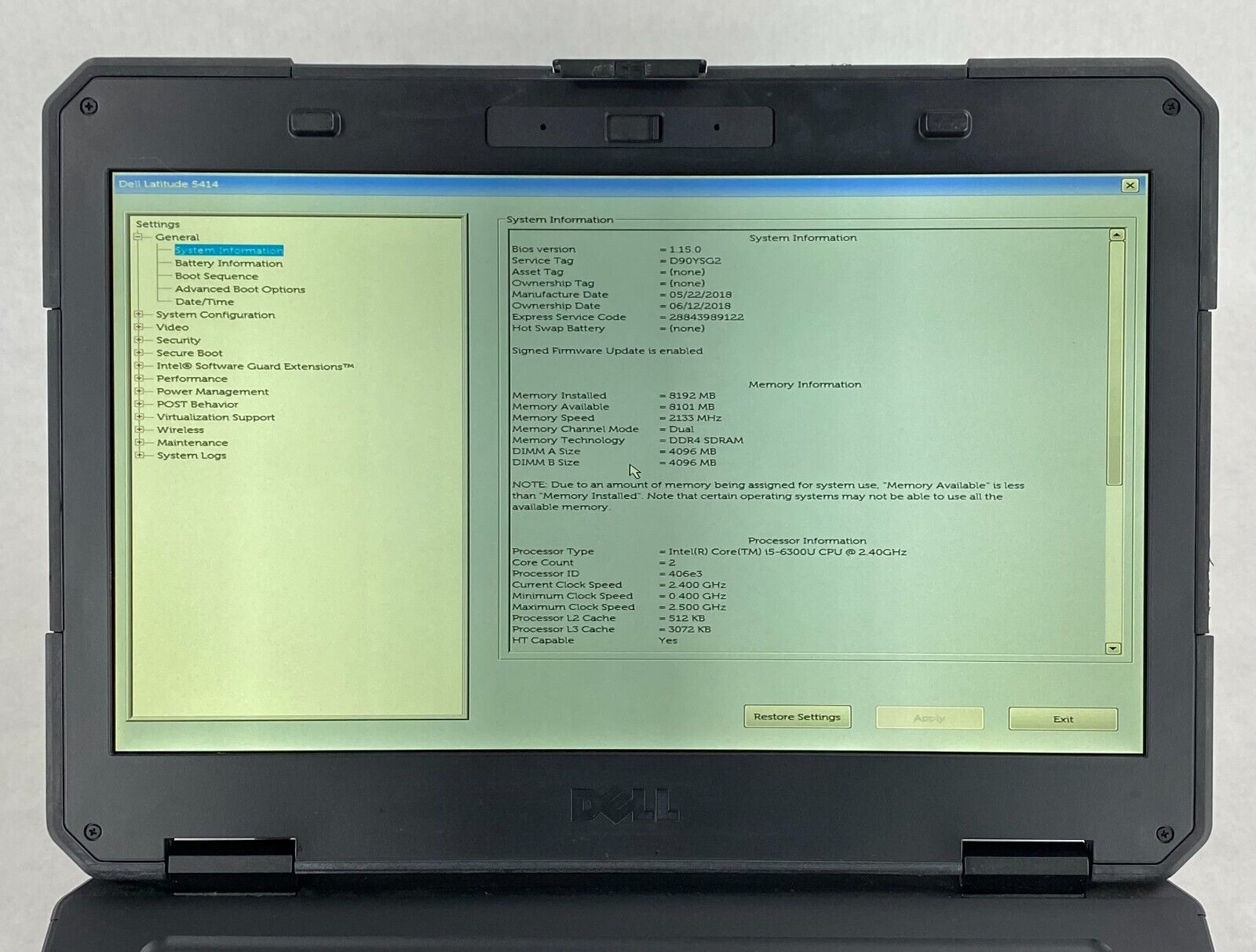 Dell Latitude 14 Rugged 5414 i5-6300U 2.40GHz 8GB RAM 14.0" No Battery No HDD/OS