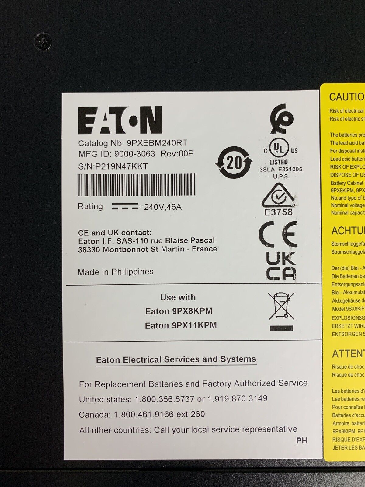 Eaton 9PX External Battery Module 240V 3U 9PXEBM240RT Made 2022 New Box Opened