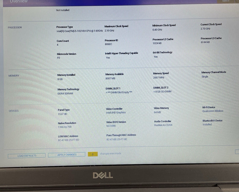Dell Latitude 3510 15.6" i5-10210U 1.60 GHz 8 GB RAM No SSD/OS/AC - READ