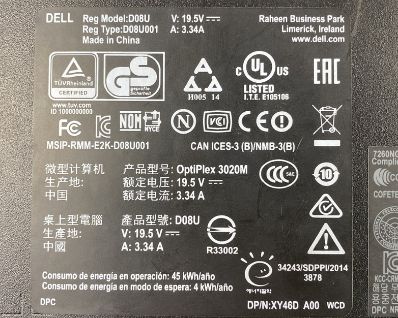 Dell OptiPlex 3020M Micro Intel Core i3-4160T 3.1GHz 8GB RAM No HDD OS AC
