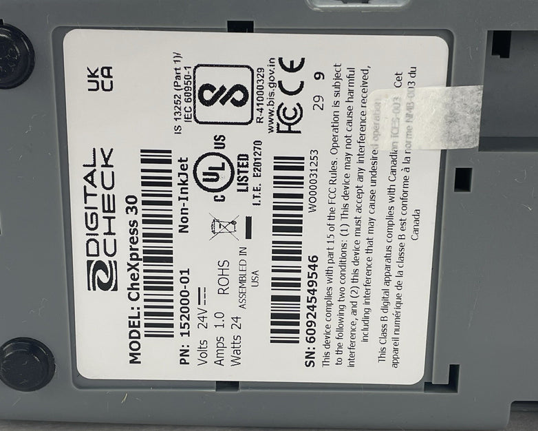 Digital Check CheXpress 30 CX30 InkJet Check Scanner 152000-02 - For Parts