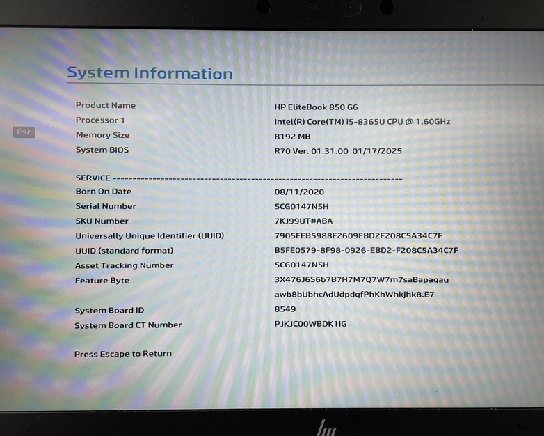HP EliteBook 850 G6 15.6" i5-8365U 1.60 GHz 8 GB RAM No SSD/OS/AC