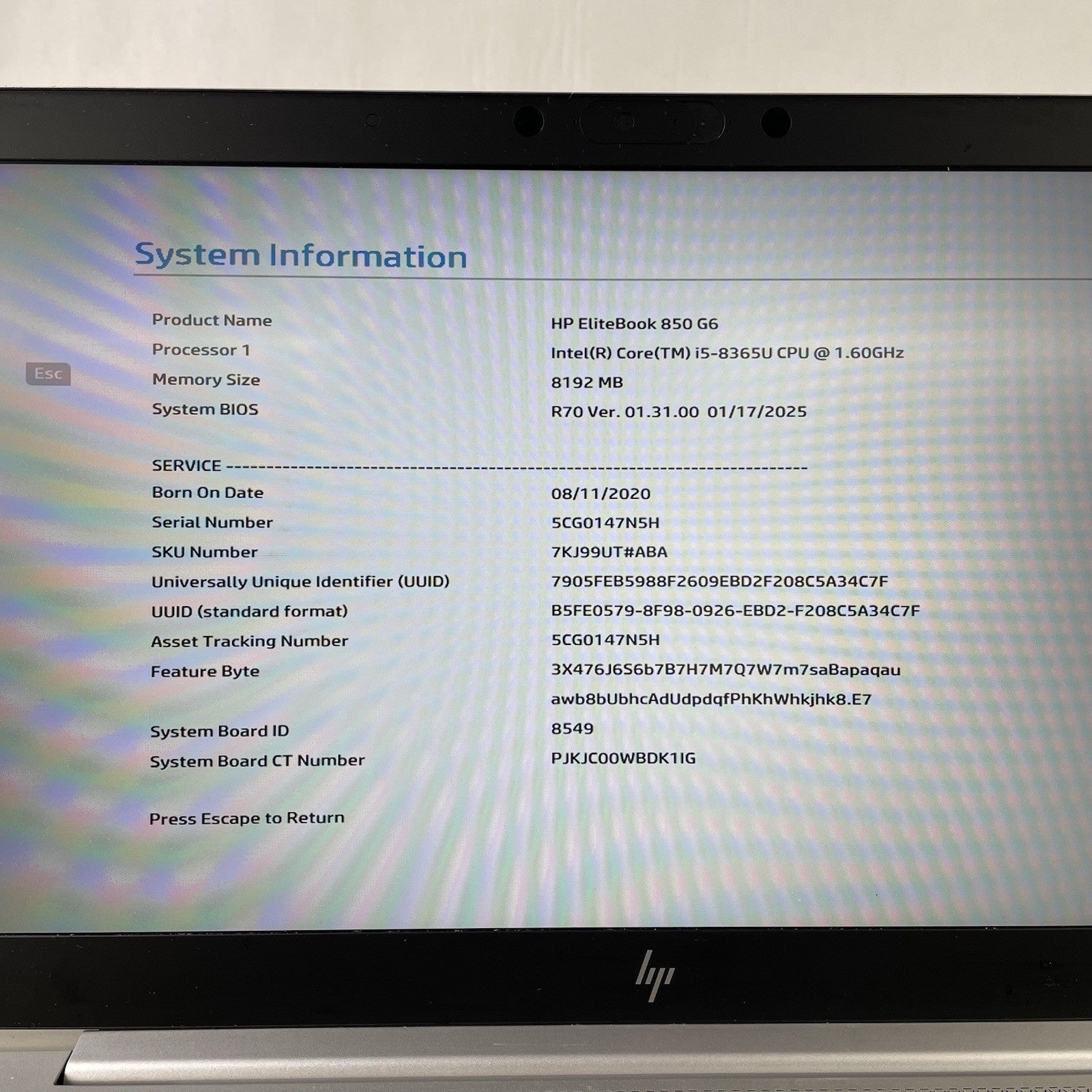 HP EliteBook 850 G6 15.6" i5-8365U 1.60 GHz 8 GB RAM No SSD/OS/AC3
