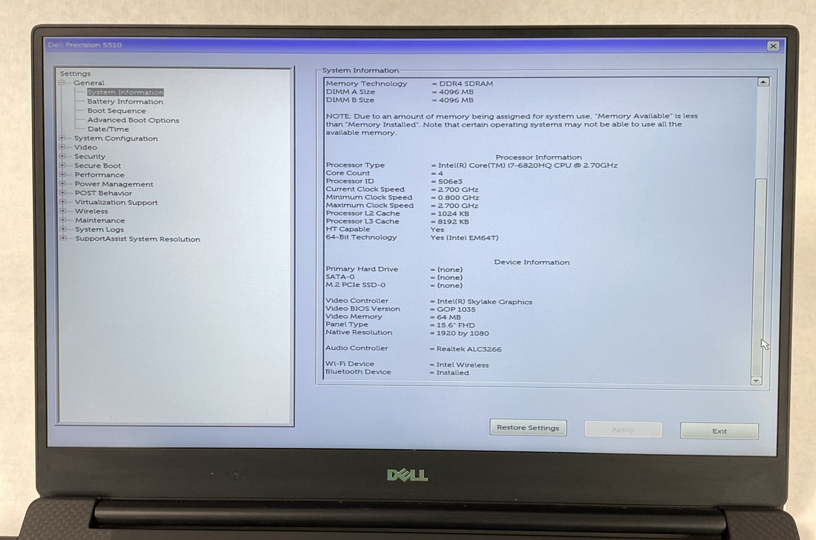 Dell Precision 5510 Intel Core i7-6820HQ 2.70 GHz 8 GB RAM 15.6" No HDD No OS