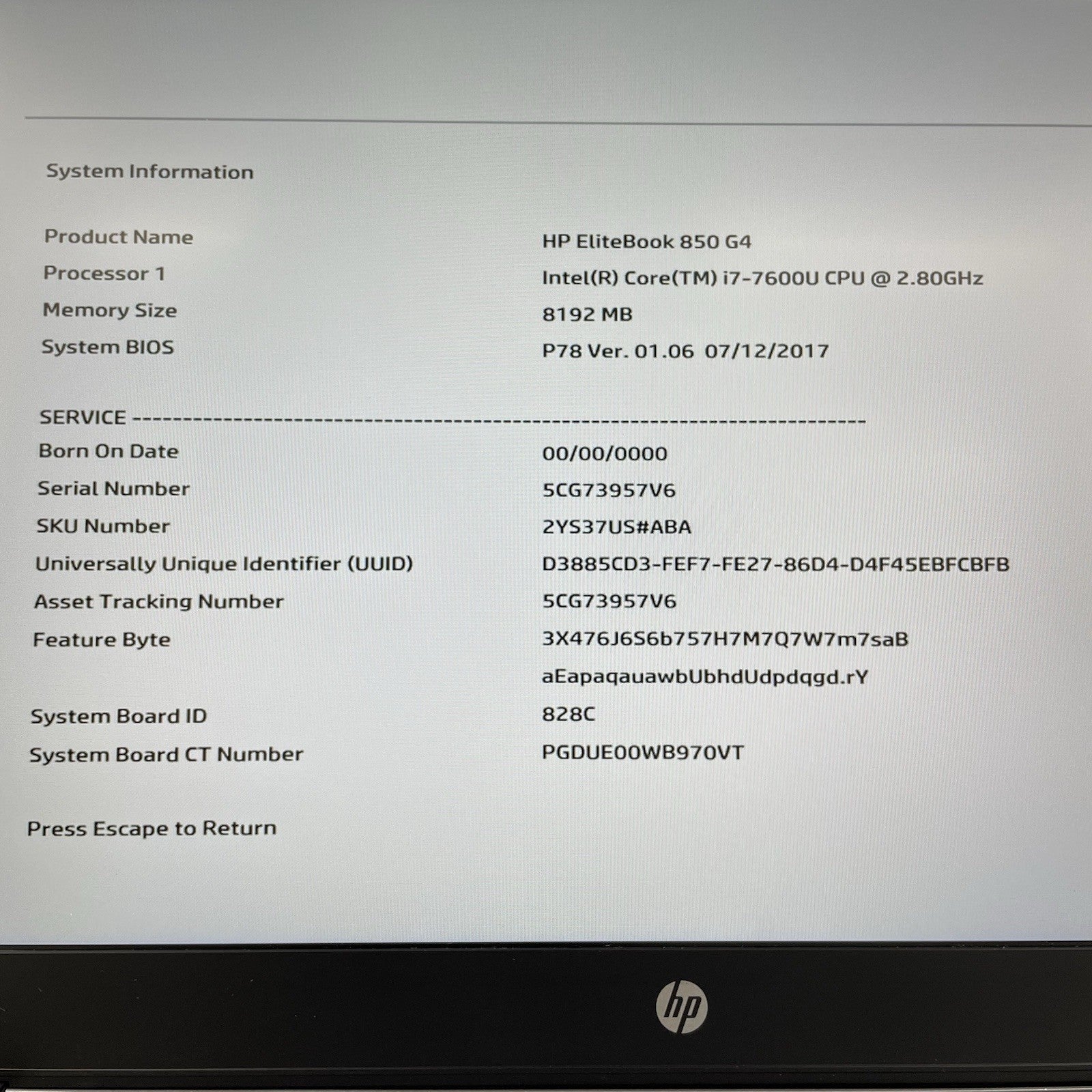 HP EliteBook 850 G4 15.6" i7-7600U 2.80 GHz 8 GB RAM No SSD/OS/AC - READ2