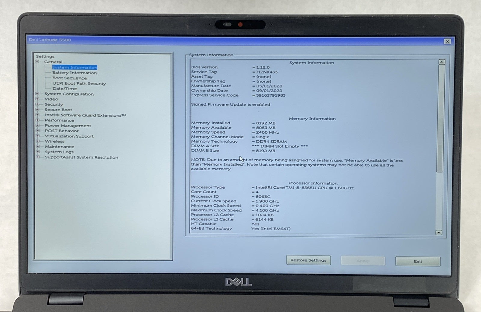 Dell Latitude 5500 Intel Core i5-8365U 1.60 GHz 8GB RAM 15.6" No HDD No OS
