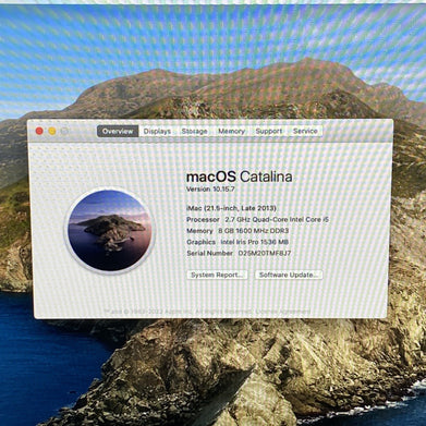 Apple A1418 iMac 21.5" 2013 2.7GHz Core i5 8GB RAM 1TB HDD macOS 10.15.7