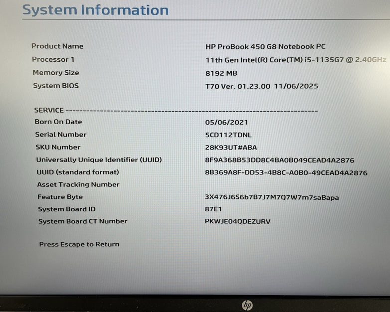 HP ProBook 450 G8 15.6" i5-1135G7 2.40 GHz 8 GB RAM No SSD/OS/AC