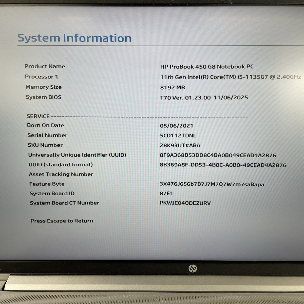 HP ProBook 450 G8 15.6" i5-1135G7 2.40 GHz 8 GB RAM No SSD/OS/AC3