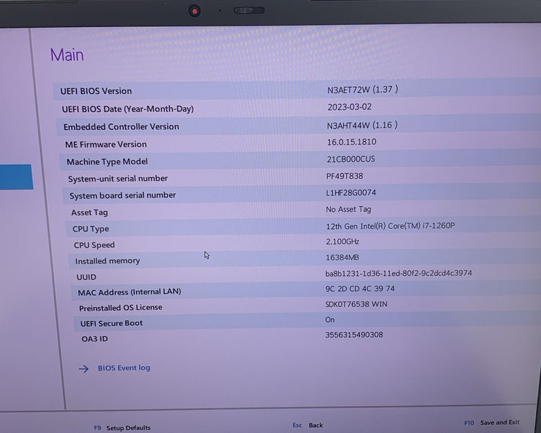 Lenovo ThinkPad X1 Carbon Gen 10 i7-1260p 2.1 GHz 16 GB Ram No OS/SSD/AC/Batt