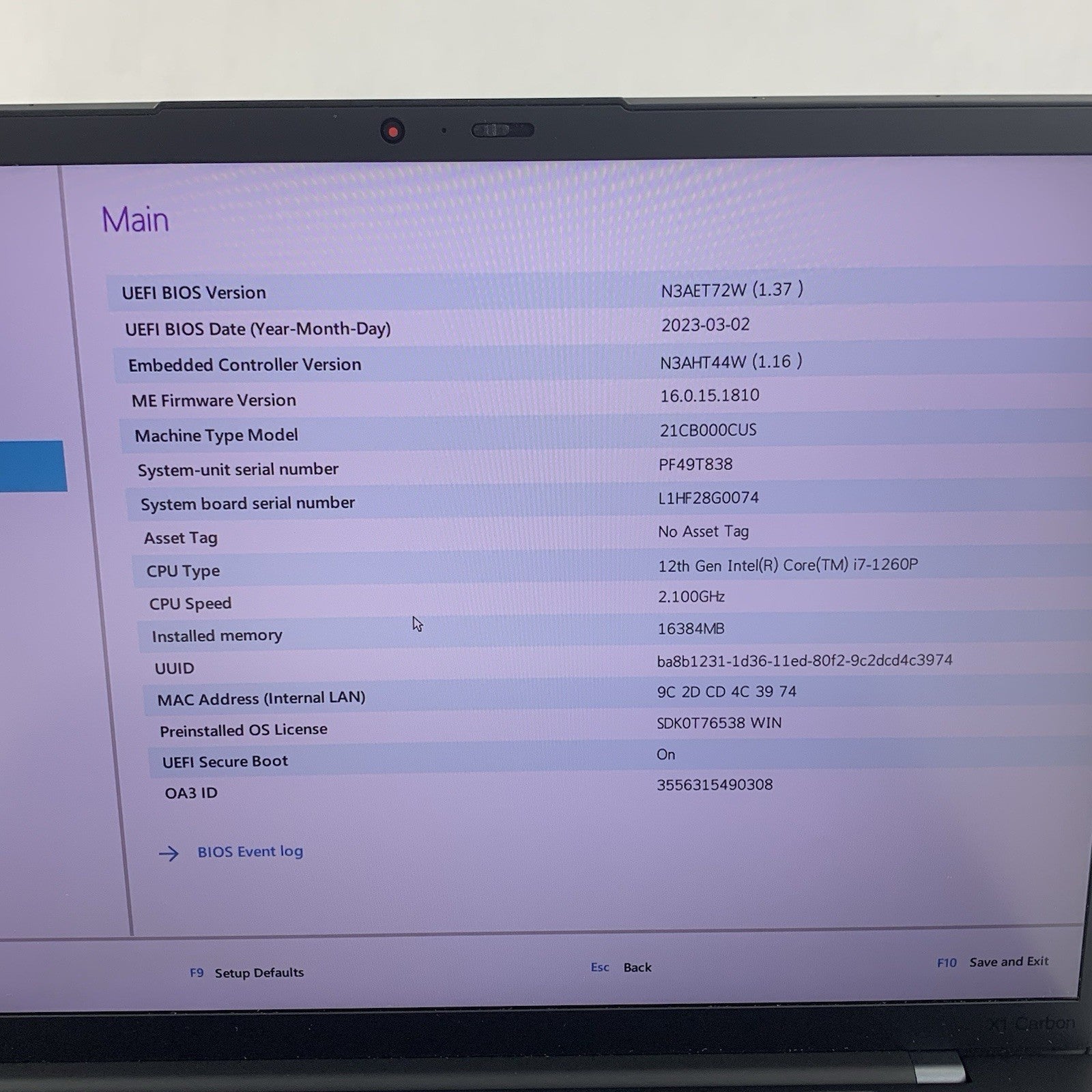 Lenovo ThinkPad X1 Carbon Gen 10 i7-1260p 2.1 GHz 16 GB Ram No OS/SSD/AC/Batt3