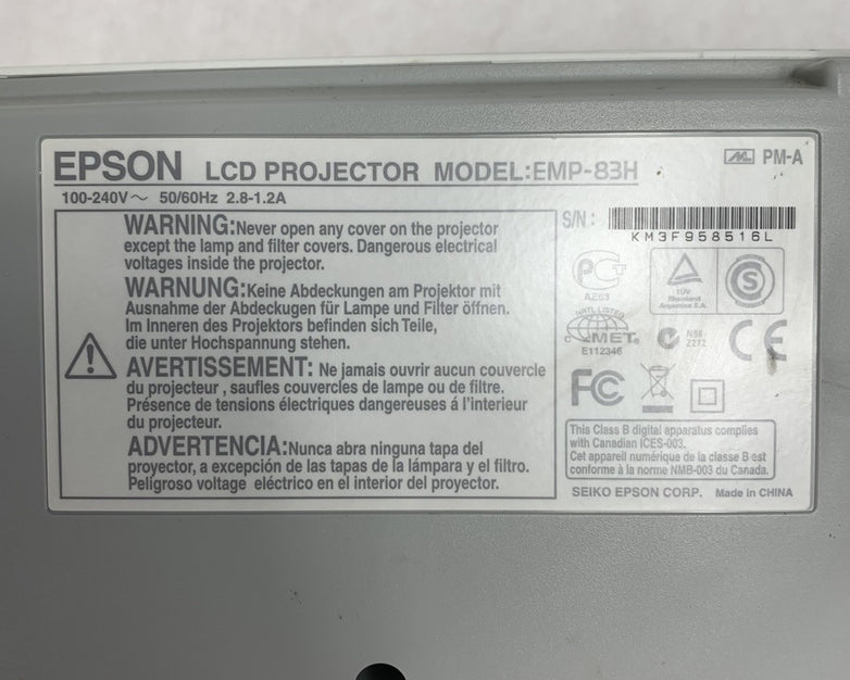 Epson EMP-83H PowerLite 83+ LCD Lamp Projector 573 Lamp Hours No Remote
