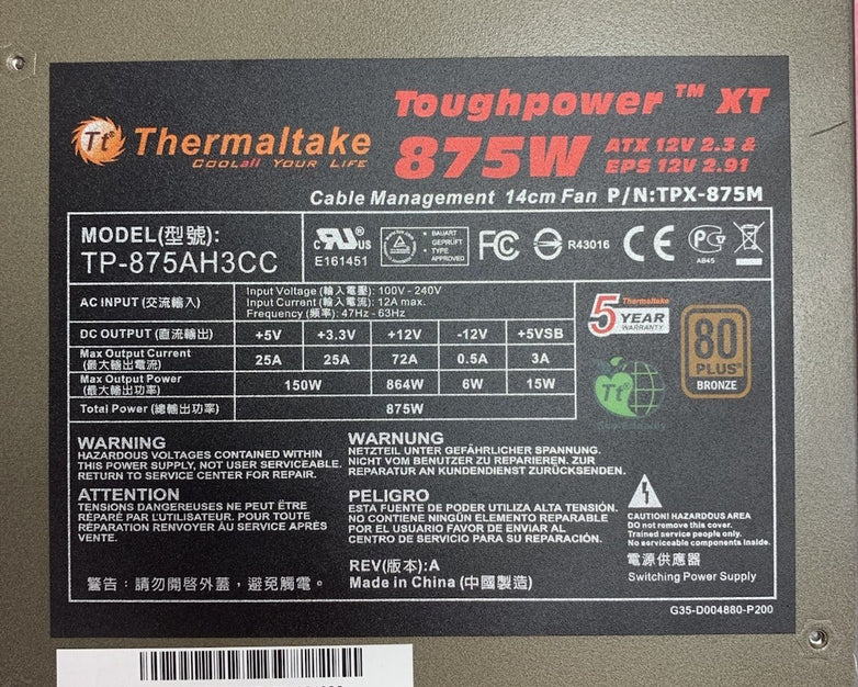 Thermaltake Toughpower XT TP-875AH3CC 875W Modular Power Supply