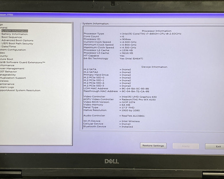 Dell Precision 7730 i7-8850H 2.60 GHz 16 GB RAM 17.3" No Battery No HDD No OS
