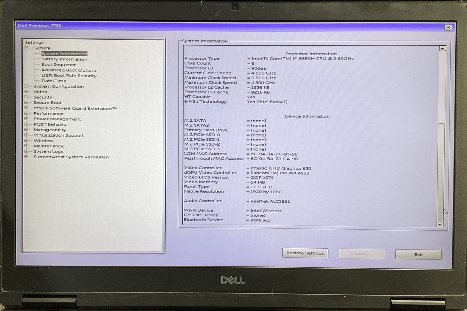 Dell Precision 7730 i7-8850H 2.60 GHz 16 GB RAM 17.3" No Battery No HDD No OS