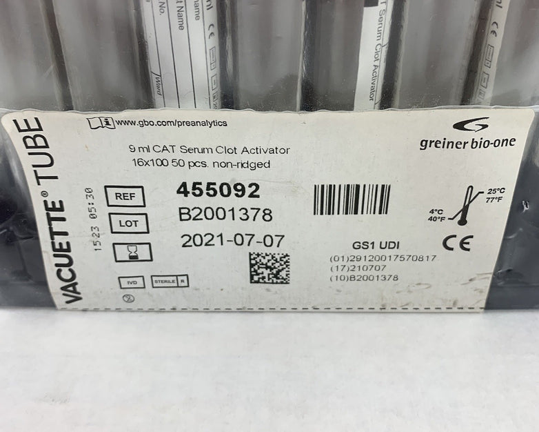 Vacuette 455092 9ml CAT Serum Clot Activator 13x100 50pcs Non-Ridged Tubes
