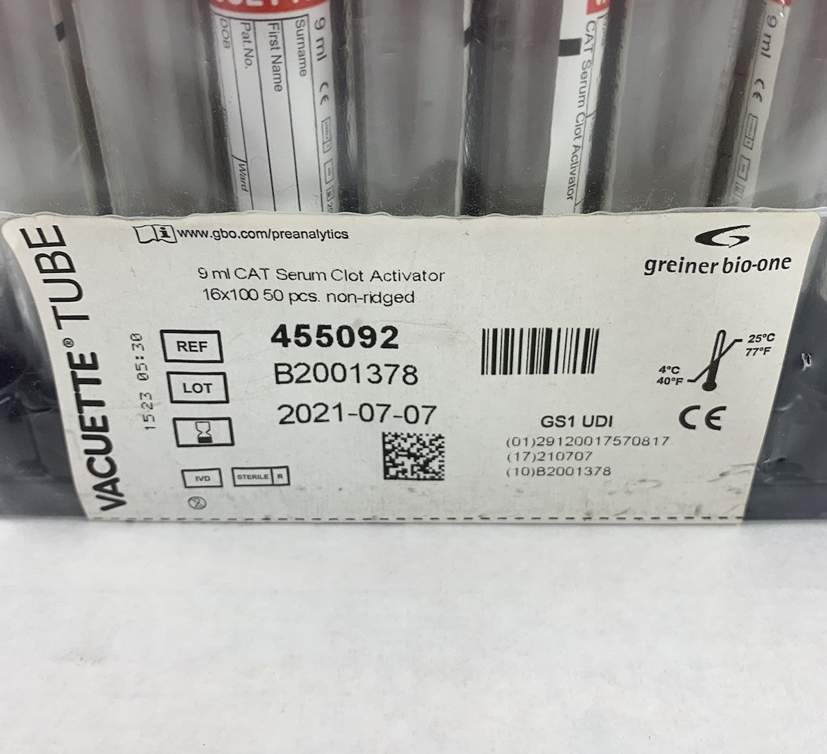 Vacuette 455092 9ml CAT Serum Clot Activator 13x100 50pcs Non-Ridged Tubes