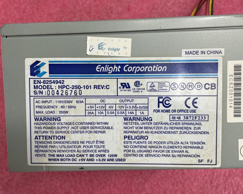 Enlight Corp EN-8254942 HPC-250-101 REV C 250W Power Supply