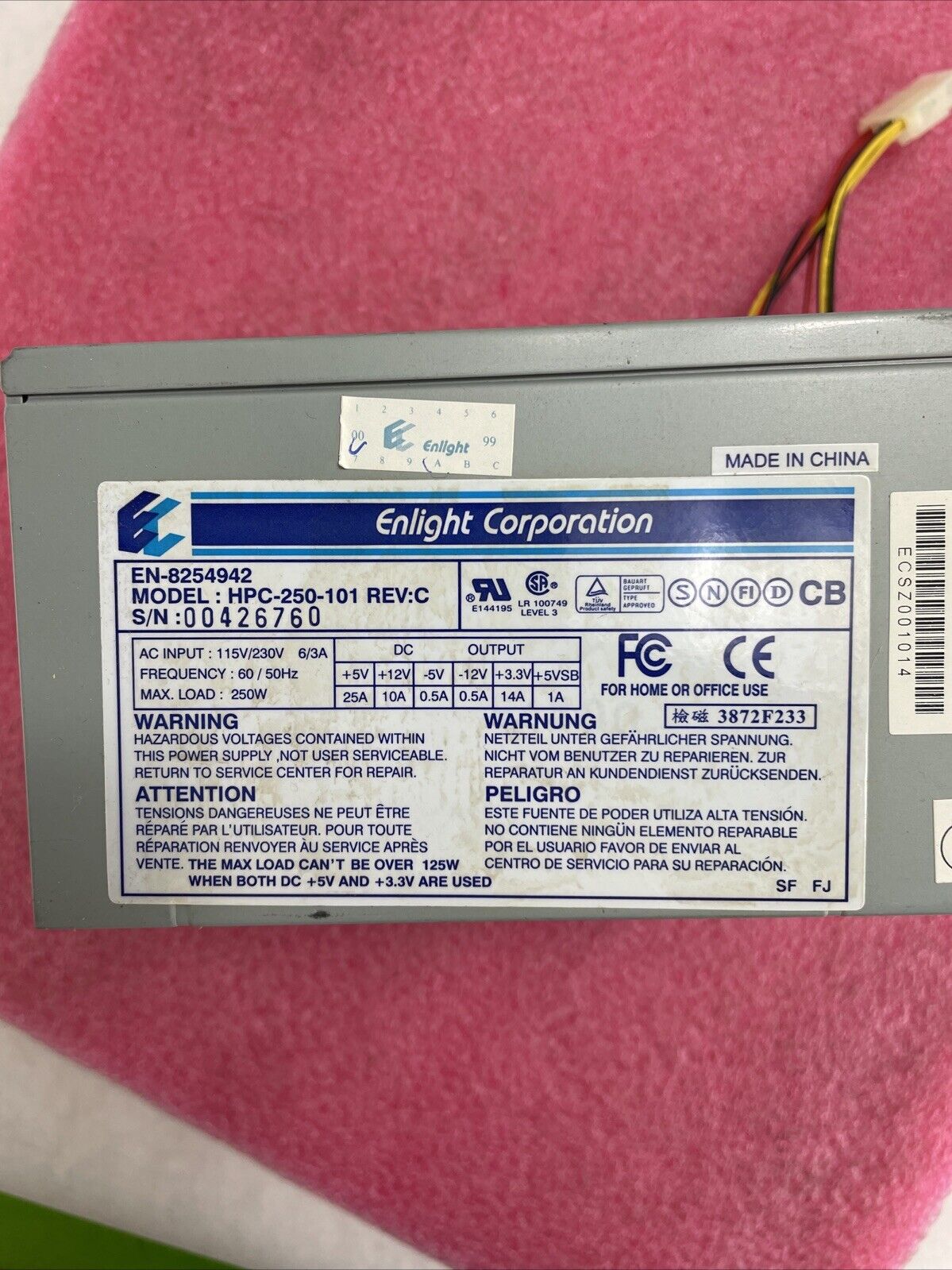 Enlight Corp EN-8254942 HPC-250-101 REV C 250W Power Supply