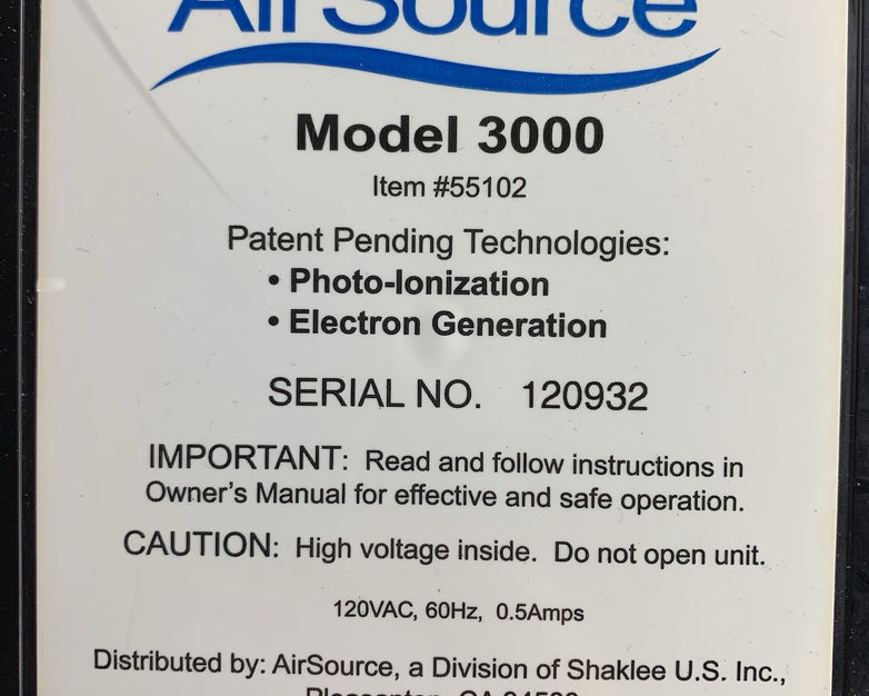 AirSource Model 3000 Portable Air Purification and Ionizer System - Powers On