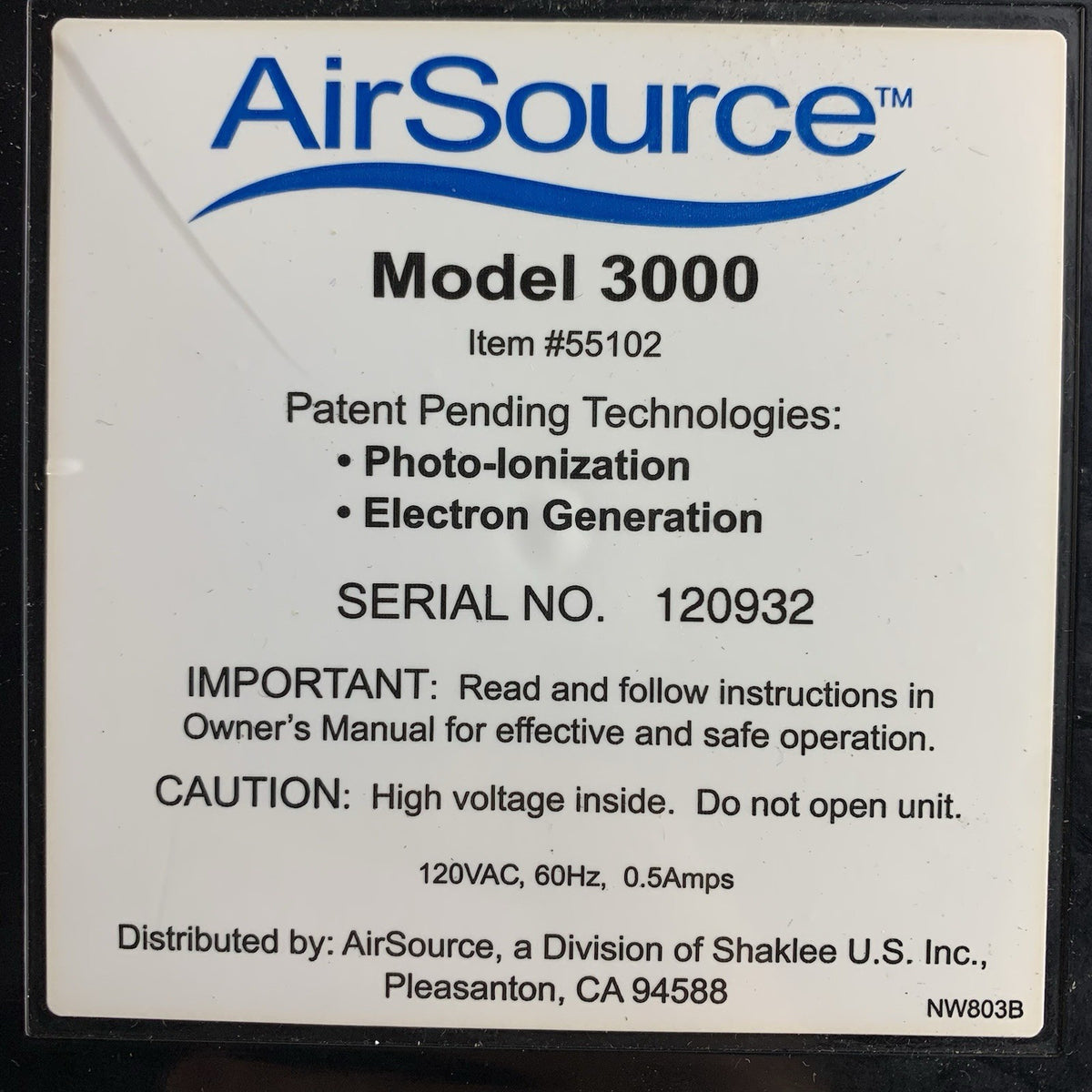 AirSource Model 3000 Portable Air Purification and Ionizer System - Powers On5