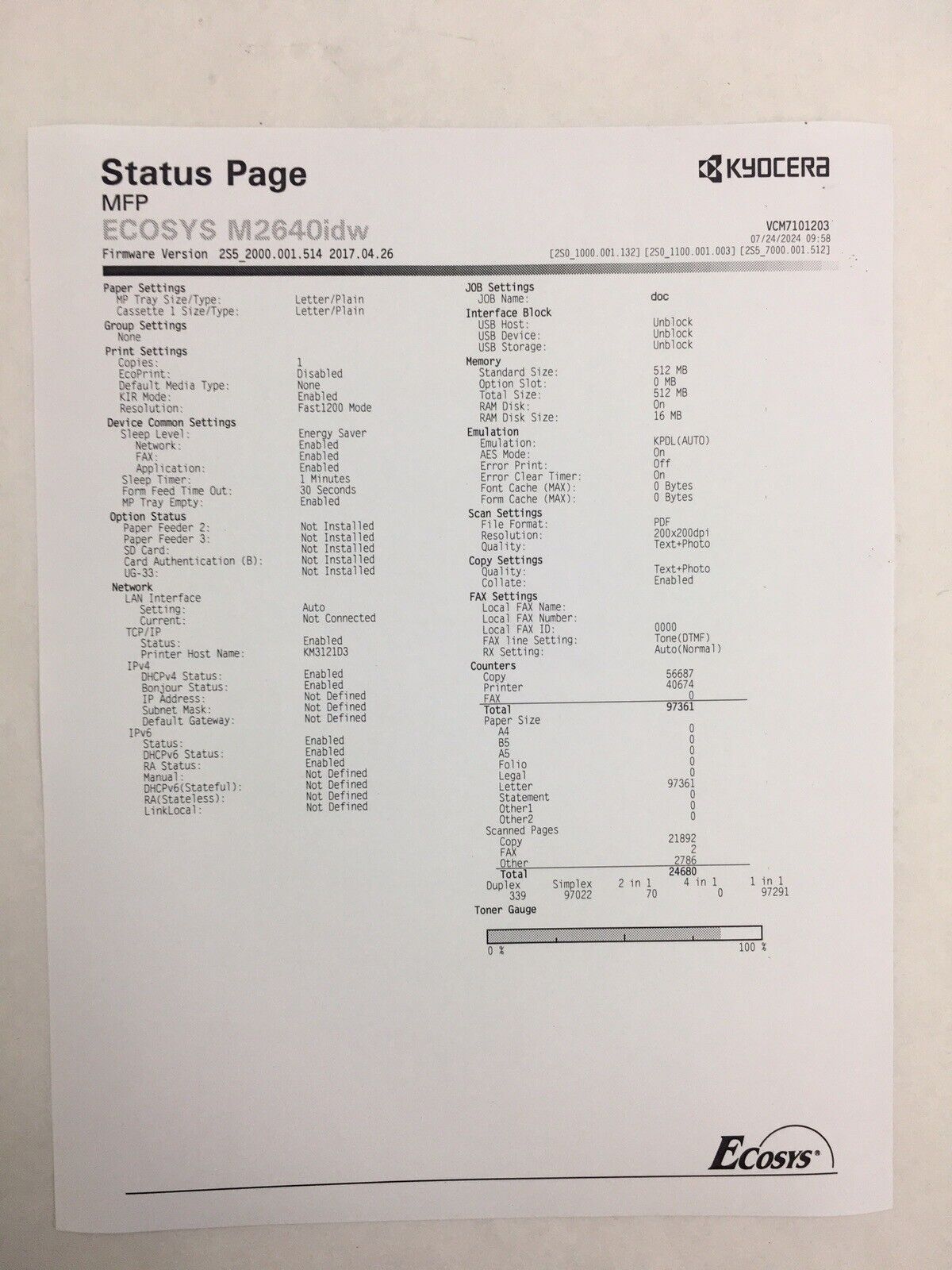Kyocera ECOSYS M2640idw All-in-One Monochrome Laser Printer Tested Bad Wireless