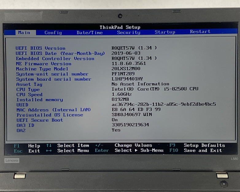 Lenovo ThinkPad L580 Core i5-8250U 1.6 GHz 8GB RAM 15.6" No Battery No HDD No OS