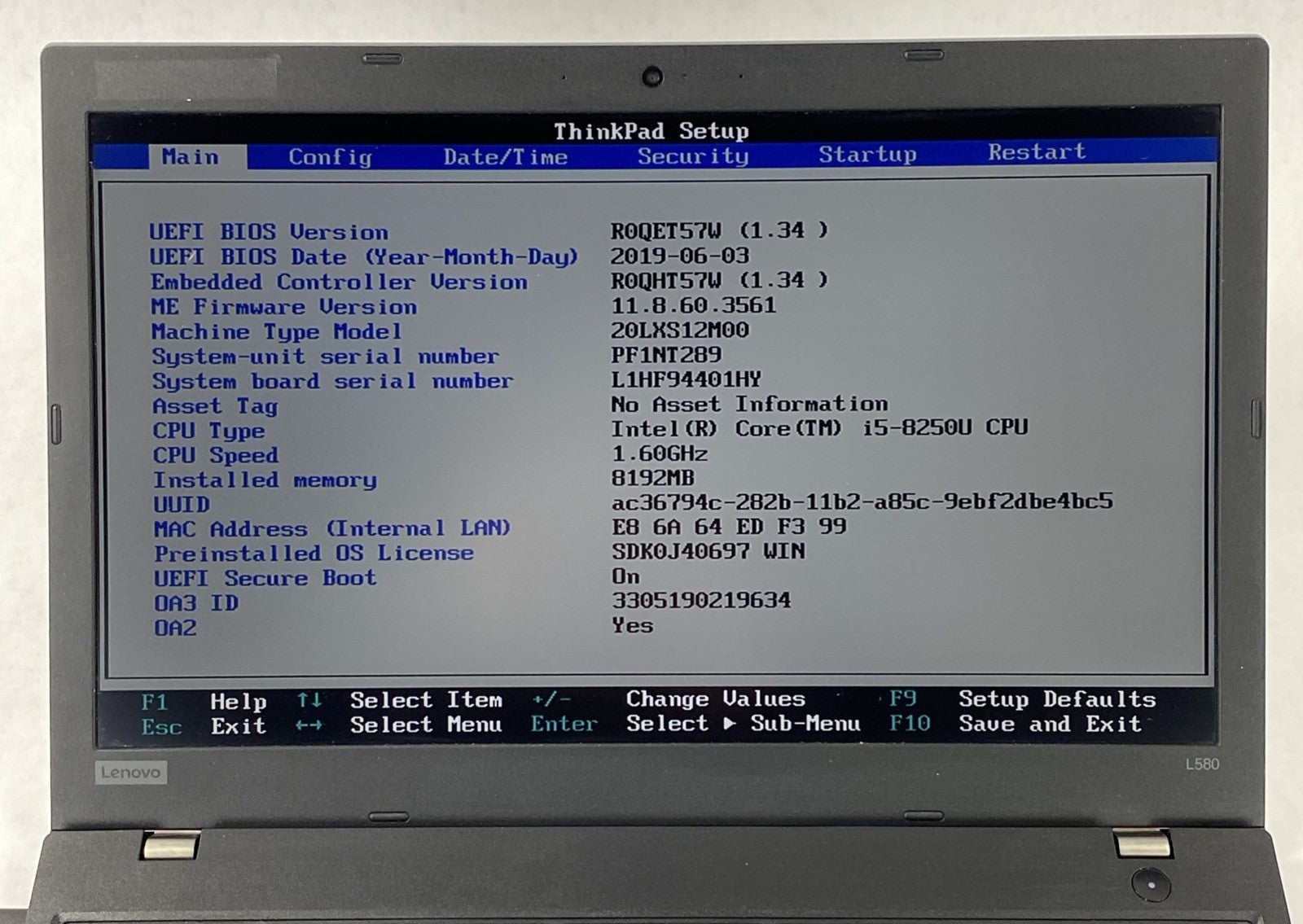 Lenovo ThinkPad L580 Core i5-8250U 1.6 GHz 8GB RAM 15.6" No Battery No HDD No OS