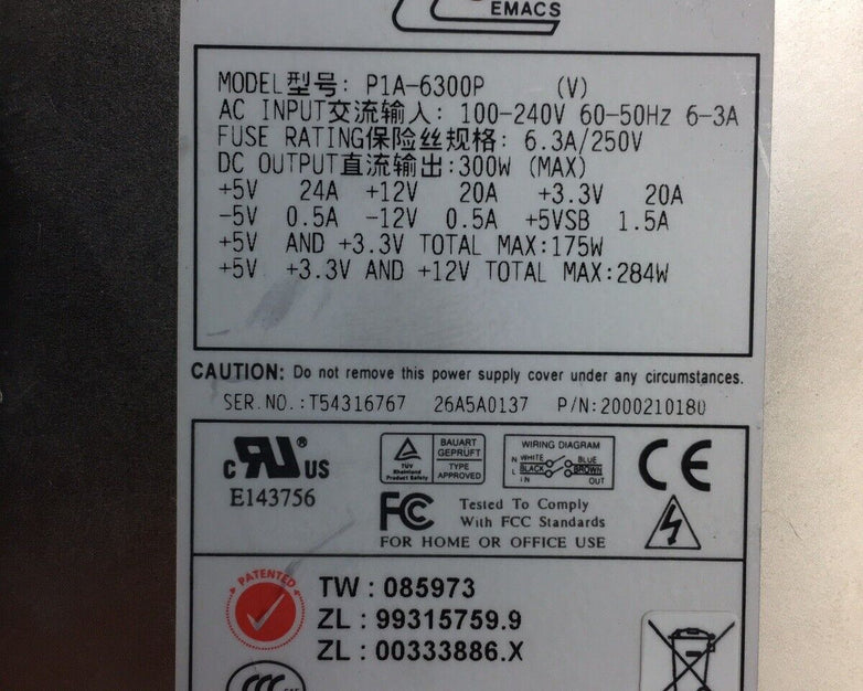 EMACS P1A-6300P 284W 100-240V 60-50Hz  1U Server Switched  Power Supply Tested